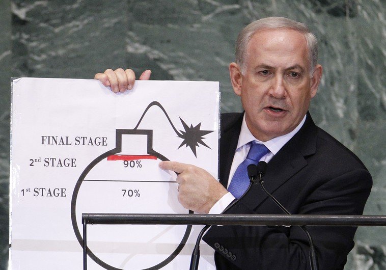 Israel's Prime Minister Netanyahu points to red line he has drawn on graphic of bomb as he addresses 67th United Nations General Assembly in New York